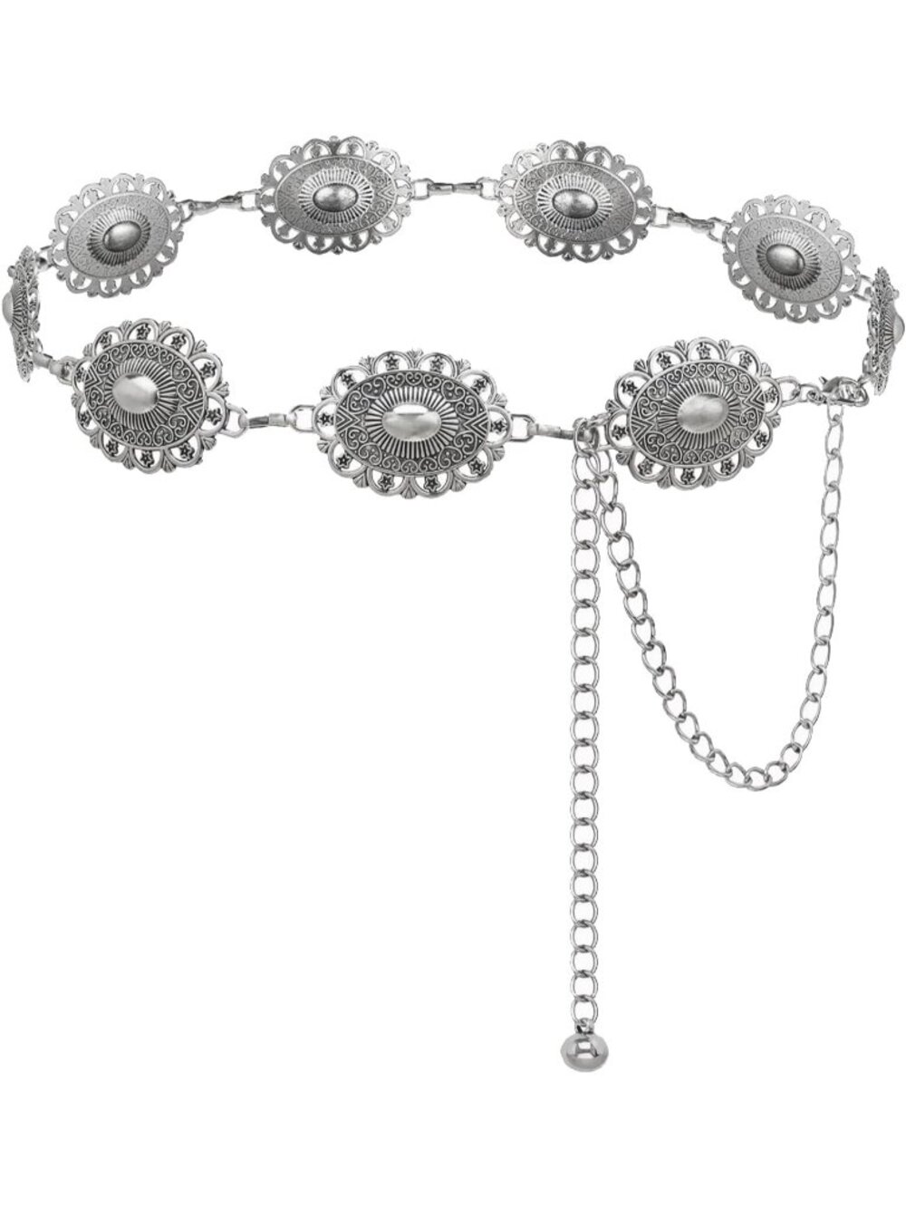 Women's Black Silver Metal Belt Western Concho Chain Cowgirl Vintage Waist Belt